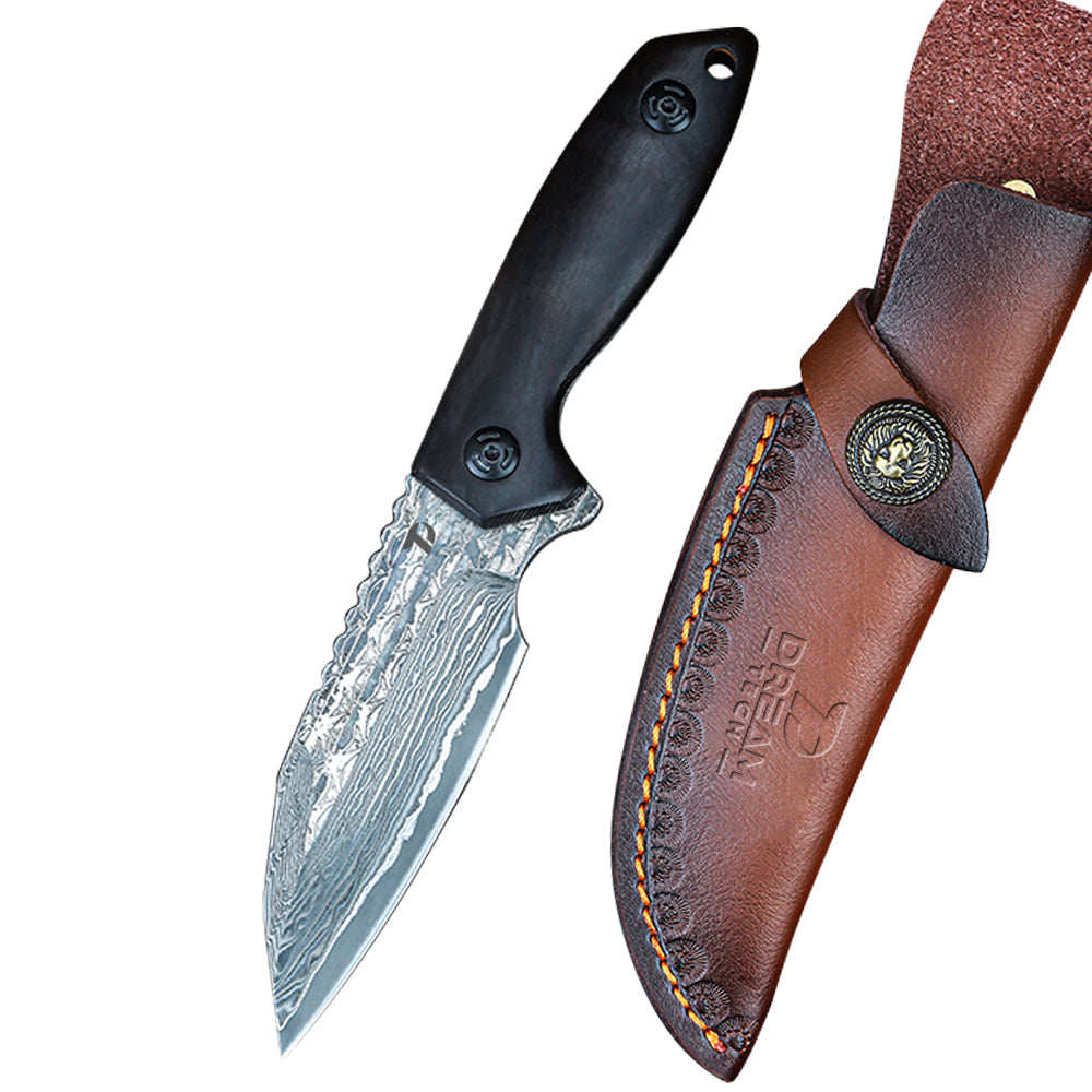 DREAMTECH Knives Fixed Blade Knife Wood Handle Leather Sheath Damascus Blade Knife D7111