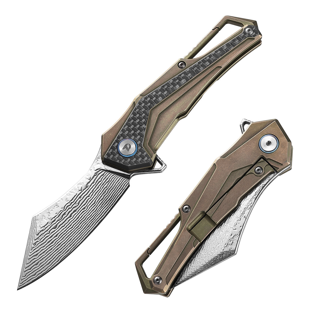 DREAMTECH Damascus Knife With Titanium & Carbon Fiber Handle And Liner Lock System D7412