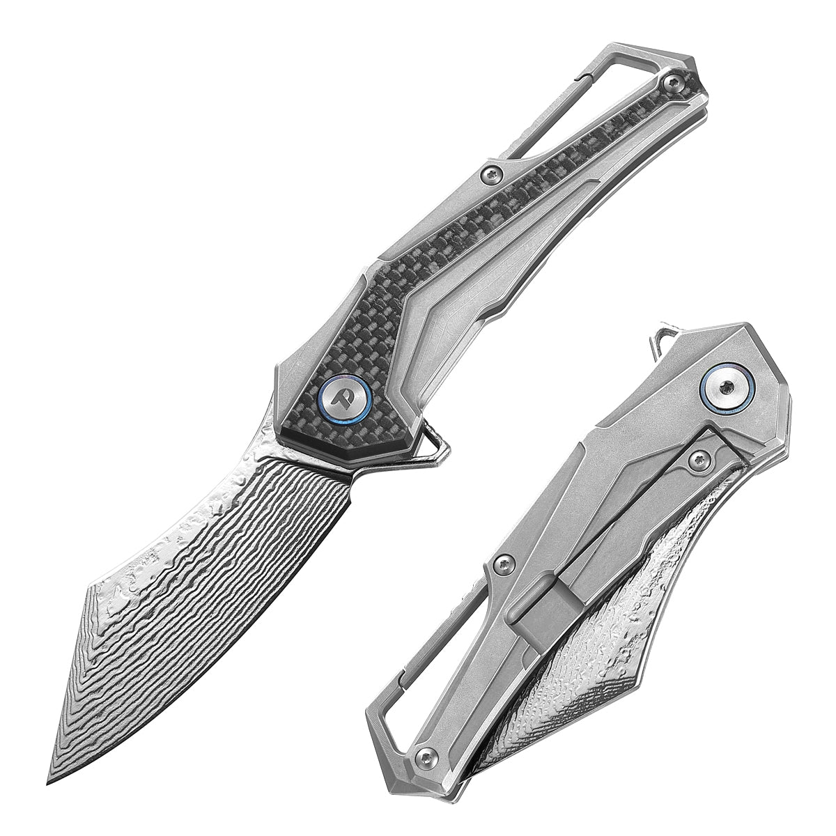 DREAMTECH Damascus Knife With Titanium & Carbon Fiber Handle And Liner Lock System D7412