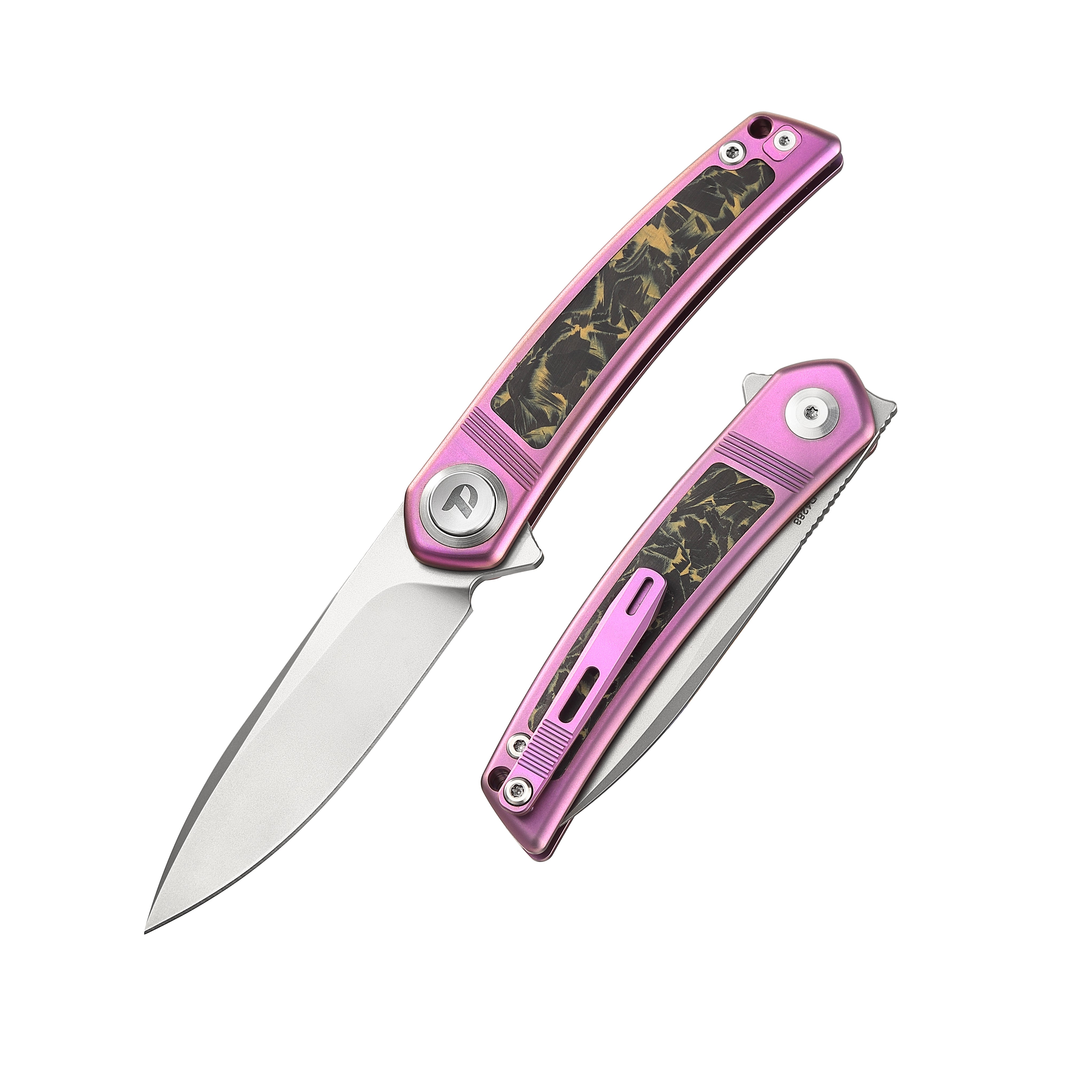 DREAMTECH Folding Pocket Knife Titanium & Fluorescence Carbon Fiber Handle Button lock system(Our Patents) M390 Blade Knife D4288