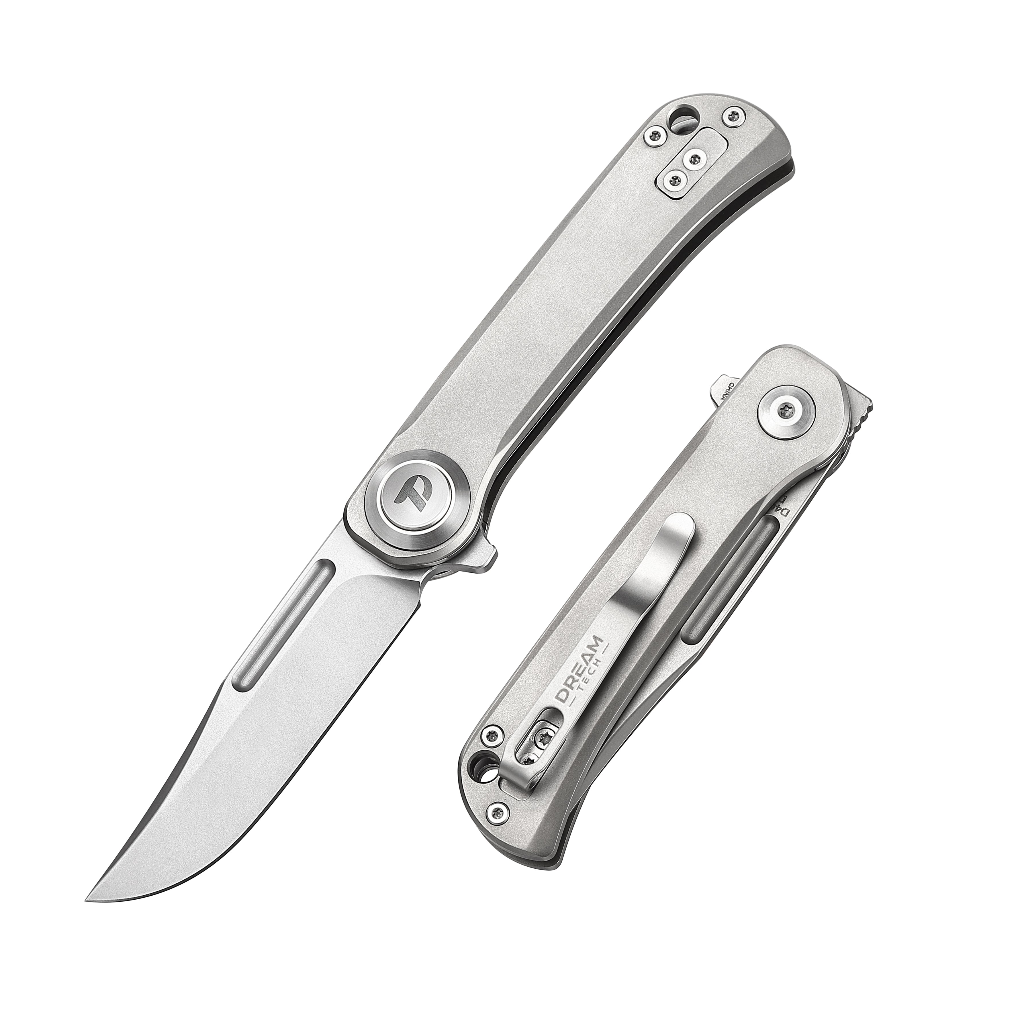 DREAMTECH Folding Pocket Knife Titanium Handle Button lock system (Our Patents) D2 Blade Knife D4055