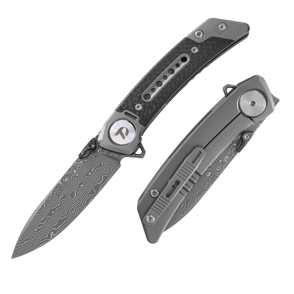 Damascus Pocket Knife With Titanium+Carbon Fiber Handle And Liner Lock System D9610