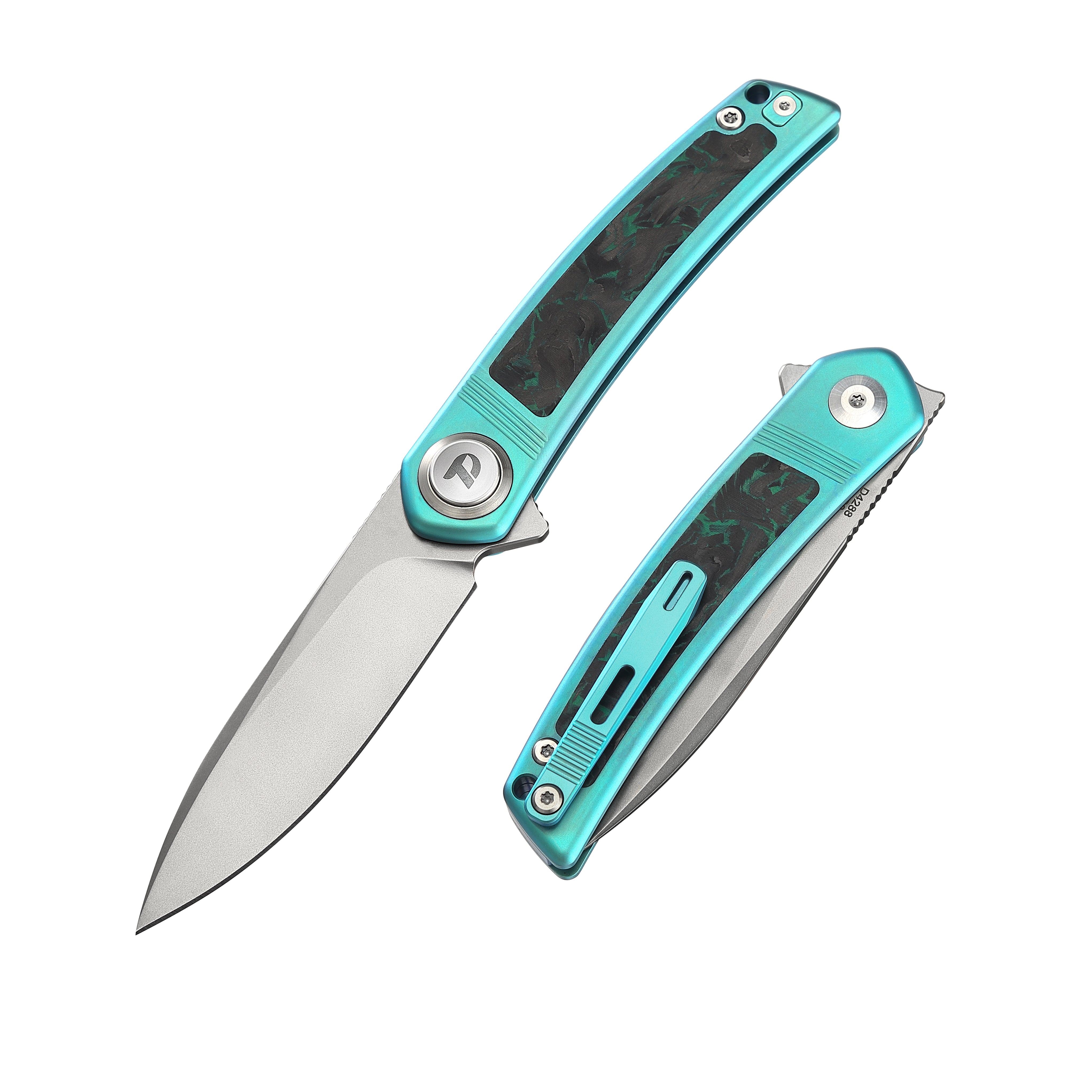DREAMTECH Folding Pocket Knife Titanium & Fluorescence Carbon Fiber Handle Button lock system(Our Patents) M390 Blade Knife D4288