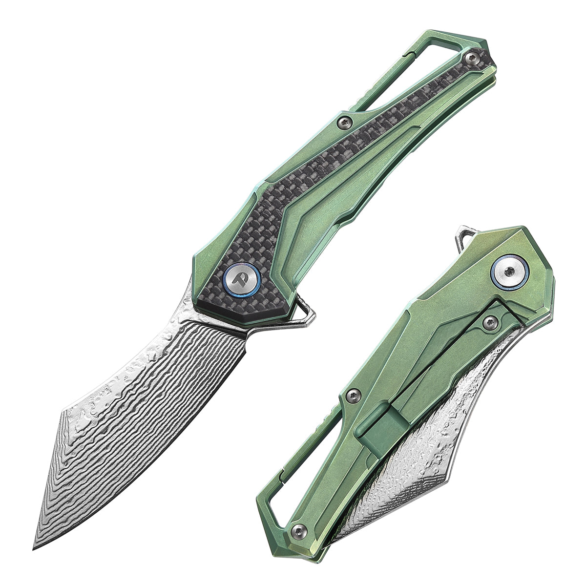 DREAMTECH Damascus Knife With Titanium & Carbon Fiber Handle And Liner Lock System D7412